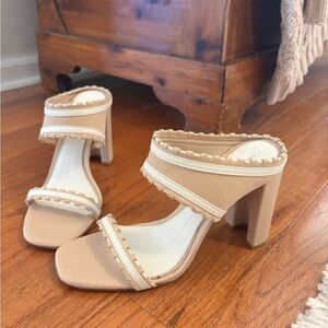 ANTONIO MELANI Tan and Cream Block Heel Sandals
